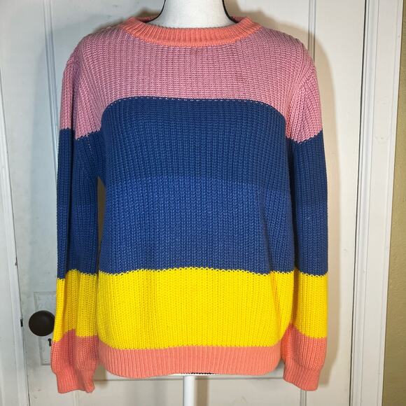 Promesa Pink Blue Yellow Colorful Striped Heavy Knit Sweater Size Medium - Picture 1 of 7